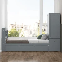 Twin Size Platform Bed with Storage Headboard, Footboard, Pull Out Shelves, and Twin Size Trundle, 101" L x 41.5" W x 65.5" H, Gray(m-4)