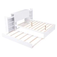 Full Size Storage Platform Bed with Pull Out Shelves, Twin Size Trundle, Solid Wood and MDF, 98" L x 89" W x 39.5" H, White(m-12)