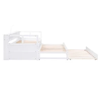 Twin XL Wood Daybed with 2 Trundles, 3 Storage Cubbies, USB Charging Design, and Free Light, 82" L x 129.5" W x 35.5" H, White(m-17)