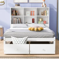 Full Size Platform Bed with Storage Headboard, Charging Station, and 2 Drawers, Solid Wood and MDF, 85" L x 55" W x 48" H, White(m-1)