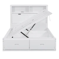 Wood Full Size Hydraulic Platform Bed with Storage LED Headboard, Charging Station, and 2 Drawers, 86" L x 56.5" W x 47" H, White(m-15)