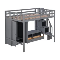 Full Size Loft Bed Frame with Wardrobe, Low Storage Table, Storage Staircase, Solid Wood and MDF, 93.5" L x 56.5" W x 65.5" H, Gray(m-13)