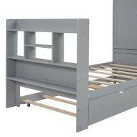 Twin Size Platform Bed with Storage Headboard, Footboard, Pull Out Shelves, and Twin Size Trundle, 101" L x 41.5" W x 65.5" H, Gray(m-8)