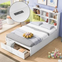 Full Size Platform Bed with Storage Headboard, Charging Station, and 2 Drawers, Solid Wood and MDF, 85" L x 55" W x 48" H, White(m-6)