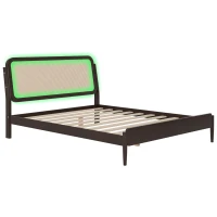 Vinsetto Queen Size Wood Storage Platform Bed with LED Light, Rattan Headboard, No Box Spring Needed, 84.5" L x 63" W x 39.5" H, Antique Espresso(m-9)