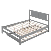 Full Size Platform Bed with Adjustable Trundle, Solid Pine Wood and MDF, 78" L x 97.5" W x 39.5" H, Gray(m-16)