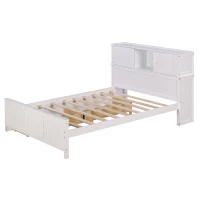 Vinsetto Full Size Platform Bed with Storage Headboard, Sliding Door, and 2 Drawers, Solid Wood and MDF, 89" L x 58" W x 42" H, White(m-13)