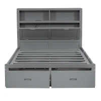 Wood Full Size Hydraulic Platform Bed with Storage LED Headboard, Charging Station, and 2 Drawers, 86" L x 56.5" W x 47" H, Gray(m-13)