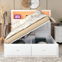 Wood Queen Size Hydraulic Platform Bed with Storage LED Headboard, Charging Station, and 2 Drawers, 90.5" L x 63" W x 47" H, White(m-4)