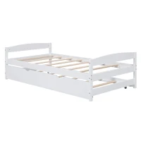 Twin Size Platform Bed with Twin Size Trundle, Headboard and Footboard, Sturdy Pine Wood Construction, 77.5" L x 40.5" W x 22" H, White(m-2)