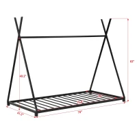 Metal Twin Size House Platform Bed with Triangle Structure, Sturdy Frame, and Safety Railings, 78" L x 41" W x 63" H, Black(m-3)