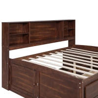 Full Size Wooden Captain Bed with Storage Shelves, 4 Drawers, 2 Cabinets, and Bookcase Headboard, 79" L x 63" W x 48" H, Antique brown(m-6)