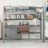 Wood Twin Size Loft Bed with Desk, Blackboard, Storage Box, Shelf, and 3 Drawers, 79" L x 42" W x 69.5" H, Gray(m-1)