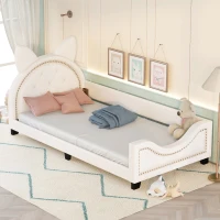 Twin Size Upholstered Daybed with Carton Ears Shaped Headboard, Sturdy Wood Frame, Easy Assembly, 80" L x 41" W x 37" H, White(m-5)