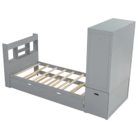 Twin Size Platform Bed with Storage Headboard, Footboard, Pull Out Shelves, and Twin Size Trundle, 101" L x 41.5" W x 65.5" H, Gray(m-14)