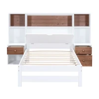Vinsetto Twin Size Platform Bed with Storage Headboard, Drawers, and Nightstands, Solid Wood and MDF, 87" L x 73.5" W x 45" H, White(m-9)