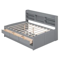 Classic Style Full Size Wooden Captain Bed with Built-in Bookshelves, 3 Storage Drawers, and Trundle, 79" L x 104.5" W x 47" H, Light Gray(m-9)