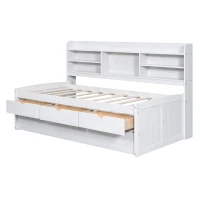 Vinsetto Classic Style Twin Size Wooden Captain Bed with Built-in Bookshelves, 3 Storage Drawers, Trundle, 77.5" L x 88" W x 47" H, White Washed(m-10)