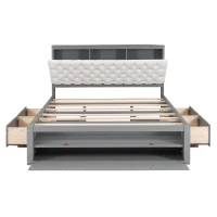 Wood Queen Size Platform Bed with Storage Headboard, Shoe Rack, and 4 Drawers, 90.5" L x 63" W x 43" H, Gray(m-14)