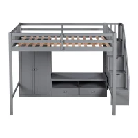 Full Size Loft Bed Frame with Wardrobe, Low Storage Table, Storage Staircase, Solid Wood and MDF, 93.5" L x 56.5" W x 65.5" H, Gray(m-8)