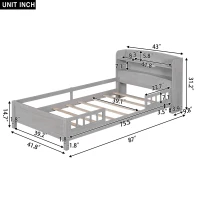 Wood Twin Size Platform Bed with Built-in LED Light, Storage Headboard, Guardrail, and Sturdy Construction, 87" L x 43" W x 31" H, Antique Gray(m-3)