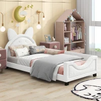 Teddy Fleece Twin Size Upholstered Daybed with Carton Ears Shaped Headboard, Sturdy Frame, Easy to Assemble, 80" L x 41" W x 37" H, White(m-5)