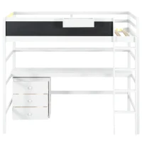 Wood Twin Size Loft Bed with Desk, Blackboard, Storage Box, Shelf, and 3 Drawers, 79" L x 42" W x 69.5" H, White(m-9)