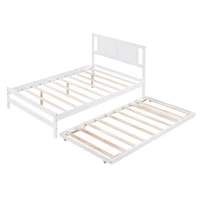 Full Size Platform Bed with Adjustable Trundle, Solid Pine Wood and MDF, 78" L x 97.5" W x 39.5" H, White(m-11)
