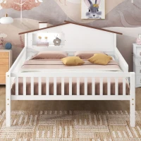 Full Size Wood Platform Bed with House-Shaped Headboard, LED Light, Built-in Storage, 82" L x 56" W x 36" H, White(m-1)