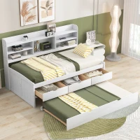 Vinsetto Classic Style Twin Size Wooden Captain Bed with Built-in Bookshelves, 3 Storage Drawers, Trundle, 77.5" L x 88" W x 47" H, White Washed(m-5)