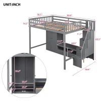 Full Size Loft Bed Frame with Wardrobe, Low Storage Table, Storage Staircase, Solid Wood and MDF, 93.5" L x 56.5" W x 65.5" H, Gray(m-3)