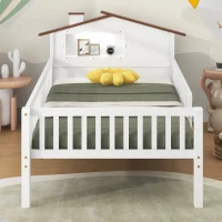 Twin Size Wood Platform Bed with House-Shaped Headboard, LED Light, Built-in Storage, 82" L x 41" W x 36" H, White(m-1)