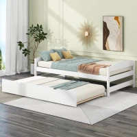 Twin Size Platform Bed with Twin Size Trundle, Headboard and Footboard, Sturdy Pine Wood Construction, 77.5" L x 40.5" W x 22" H, White(m-1)