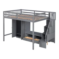 Full Size Loft Bed Frame with Wardrobe, Low Storage Table, Storage Staircase, Solid Wood and MDF, 93.5" L x 56.5" W x 65.5" H, Gray(m-11)