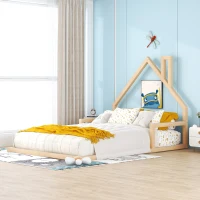 Full Size Wood Floor Bed with House-Shaped Headboard, Sturdy Pine Wood Construction, Easy Assembly, 78" L x 56.5" W x 46.5" H, Natural(m-5)