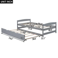 Twin Size Platform Bed with Twin Size Trundle, Headboard and Footboard, Sturdy Pine Wood Construction, 77.5" L x 40.5" W x 22" H, Gray(m-3)