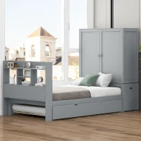 Twin Size Platform Bed with Storage Headboard, Footboard, Pull Out Shelves, and Twin Size Trundle, 101" L x 41.5" W x 65.5" H, Gray(m-5)