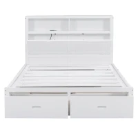 Wood Queen Size Hydraulic Platform Bed with Storage LED Headboard, Charging Station, and 2 Drawers, 90.5" L x 63" W x 47" H, White(m-12)