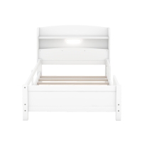 Wood Twin Size Platform Bed with Built-in LED Light, Storage Headboard, Guardrail, and Sturdy Construction, 87" L x 43" W x 31" H, White
