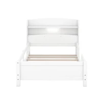 Wood Twin Size Platform Bed with Built-in LED Light, Storage Headboard, Guardrail, and Sturdy Construction, 87" L x 43" W x 31" H, White(m-2)