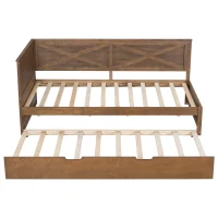Vinsetto Twin Size Wood Daybed with Trundle, Rustic Guardrail, Solid Wood Construction, 77.5" L x 42" W x 33.5" H, Brown(m-10)
