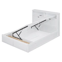 Wood Queen Size Hydraulic Platform Bed with Storage LED Headboard, Charging Station, and 2 Drawers, 90.5" L x 63" W x 47" H, White(m-16)