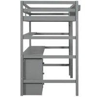 Wood Twin Size Loft Bed with Desk, Blackboard, Storage Box, Shelf, and 3 Drawers, 79" L x 42" W x 69.5" H, Gray(m-13)