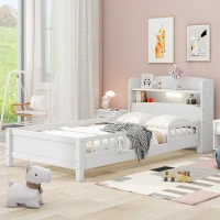 Wood Twin Size Platform Bed with Built-in LED Light, Storage Headboard, Guardrail, and Sturdy Construction, 87" L x 43" W x 31" H, White(m-5)