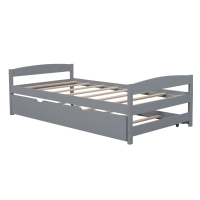 Twin Size Platform Bed with Twin Size Trundle, Headboard and Footboard, Sturdy Pine Wood Construction, 77.5" L x 40.5" W x 22" H, Gray
