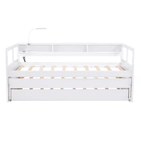 Twin XL Wood Daybed with 2 Trundles, 3 Storage Cubbies, USB Charging Design, and Free Light, 82" L x 129.5" W x 35.5" H, White(m-12)