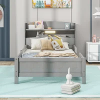 Wood Twin Size Platform Bed with Built-in LED Light, Storage Headboard, Guardrail, and Sturdy Construction, 87" L x 43" W x 31" H, Antique Gray(m-1)
