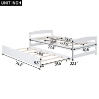 Twin Size Platform Bed with Twin Size Trundle, Headboard and Footboard, Sturdy Pine Wood Construction, 77.5" L x 40.5" W x 22" H, White(m-3)
