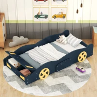 Twin Size Race Car-Shaped Platform Bed with Wheels and Storage, Solid Wood and MDF, 90.5" L x 40" W x 15.5" H, Dark Blue(m-5)