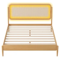 Vinsetto Queen Size Wood Storage Platform Bed with LED Light, Rattan Headboard, No Box Spring Required, 84.5" L x 63" W x 39.5" H, Antique Natural(m-8)